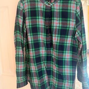 Women’s Lands End Green and Blue Plaid Shirt with cherry  red piping.